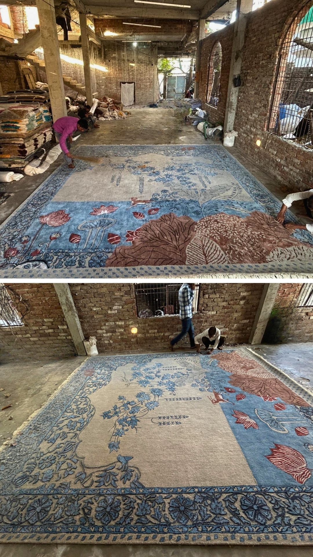 Traditional carpet manufacturing process inside the MR Enterprises factory in India