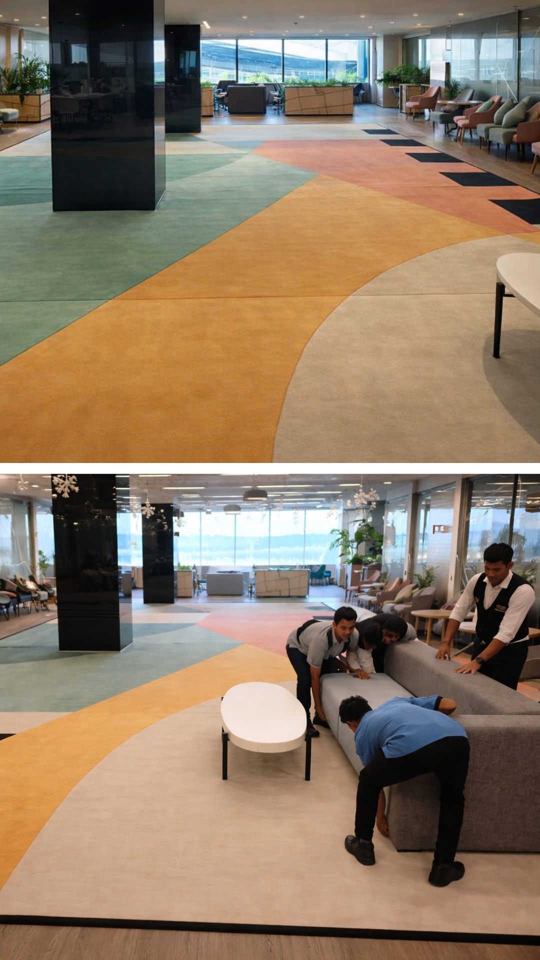 Handmade luxury carpet installed in a hotel lobby by MR Enterprises Indian manufacturer Panipat