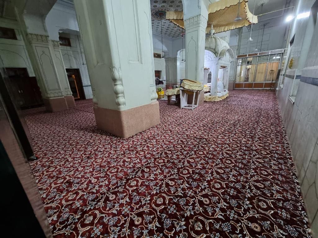 Gurudwara Hall Dark Red Floral Carpet Installation MR Enterprises Panipat