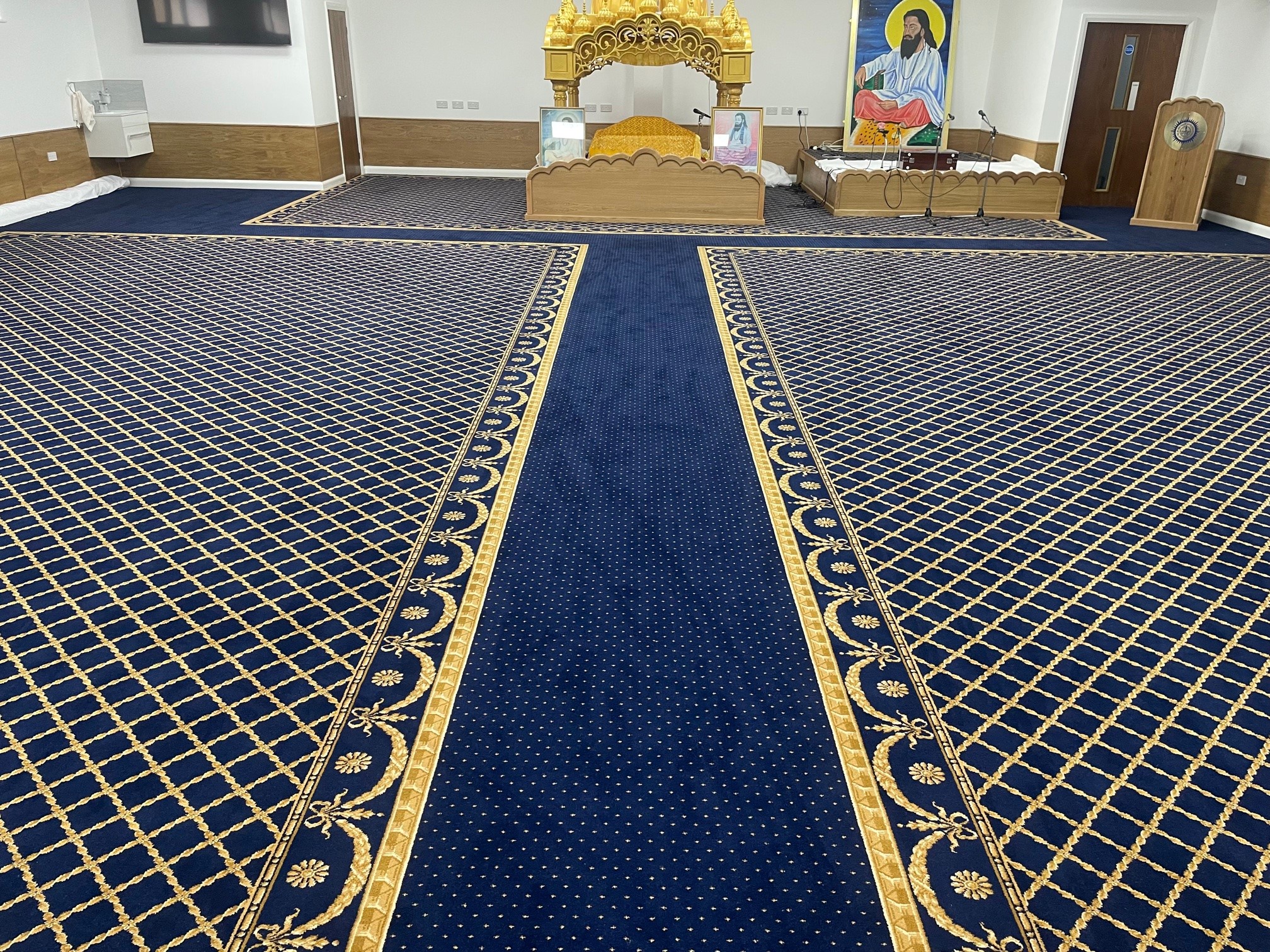 Gurudwara Main Hall Blue Gold Carpet Installation MR Enterprises